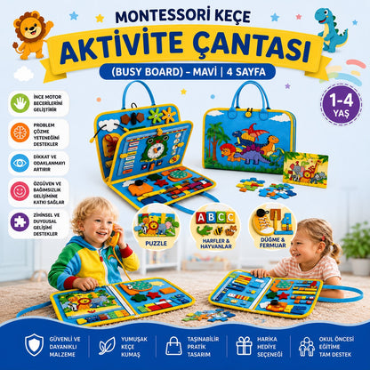 TinyAriva™ Montessori Busy Board | 4 Sayfa Aktivite Çantası