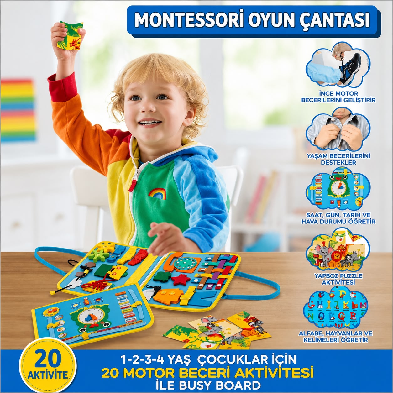 TinyAriva™ Montessori Busy Board | 4 Sayfa Aktivite Çantası
