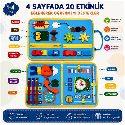 TinyAriva™ Montessori Busy Board | 4 Sayfa Aktivite Çantası